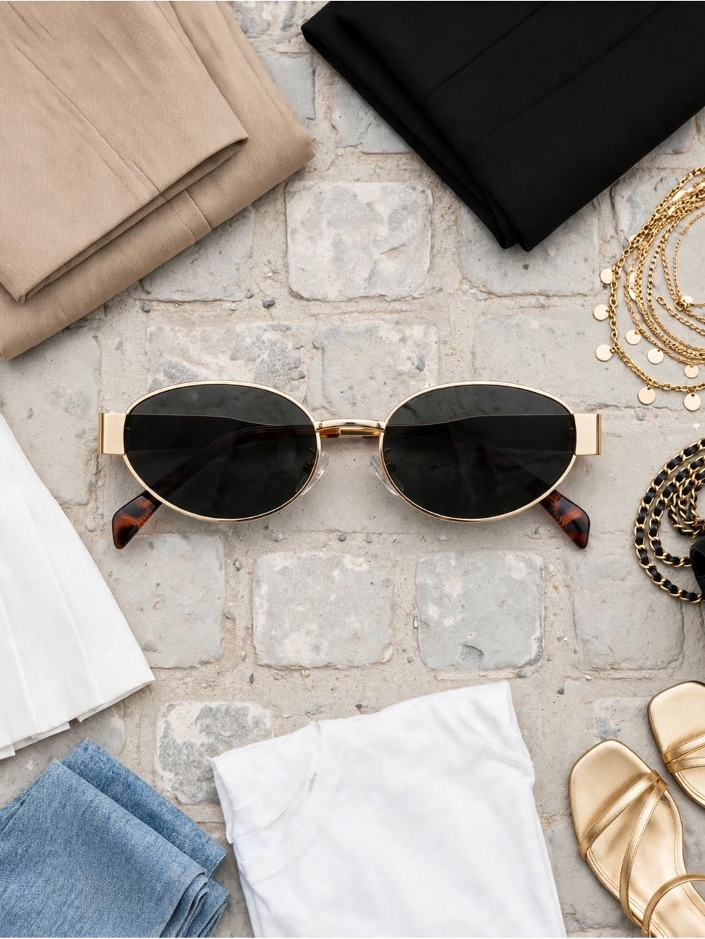 Vogue Gold Frame Black Lens Oval Sunglasses with Tortoiseshell Temples